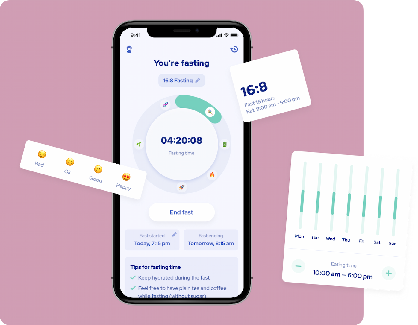 The fasting screen shows your current fast, body statuses icons, and tips